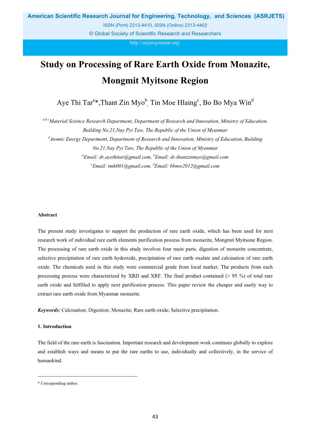 Study on Processing of Rare Earth Oxide from Monazite, Mongmit Myitsone Region