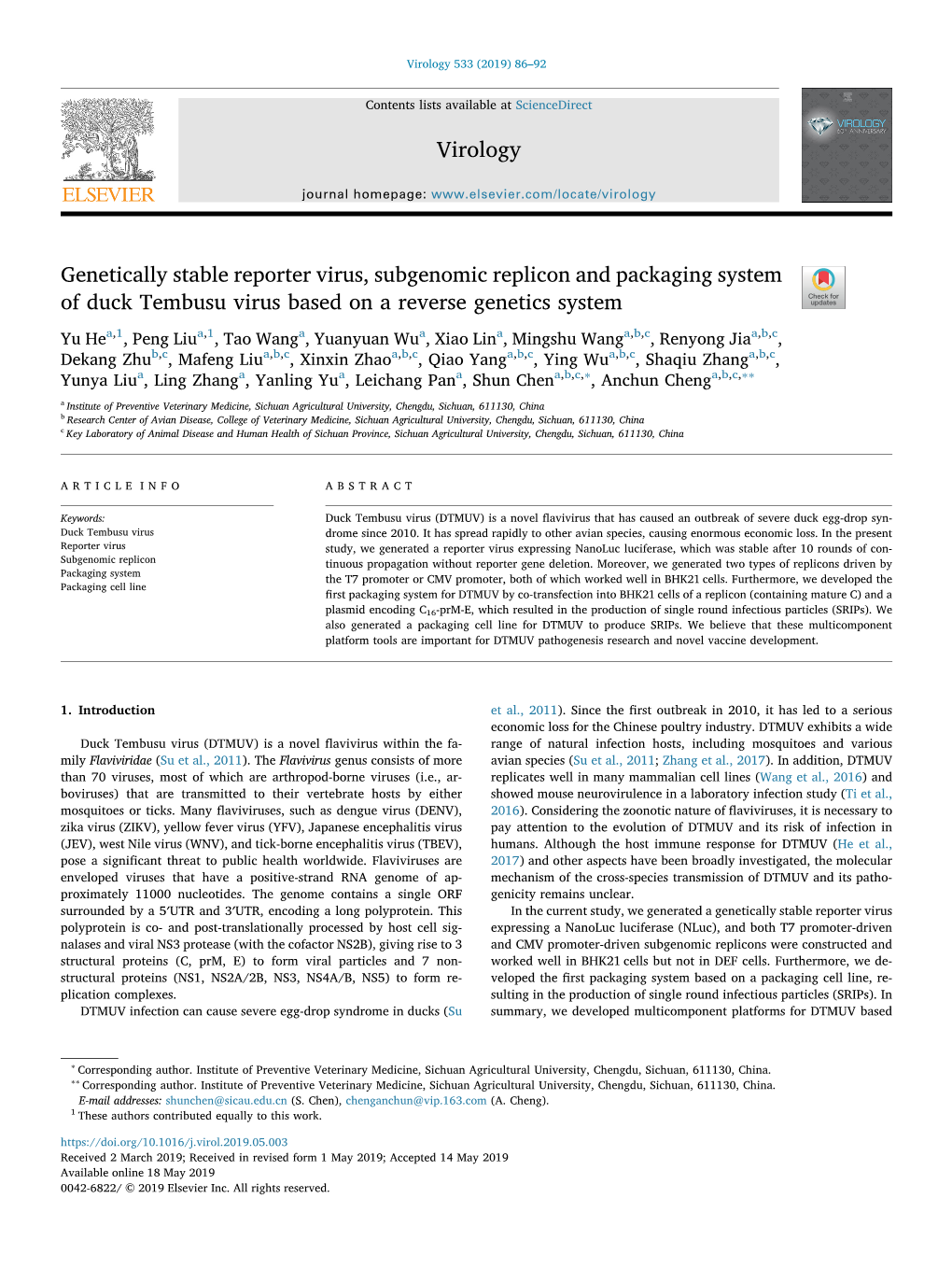 Genetically Stable Reporter Virus, Subgenomic Replicon and Packaging System of Duck Tembusu Virus Based on a Reverse Genetics System T