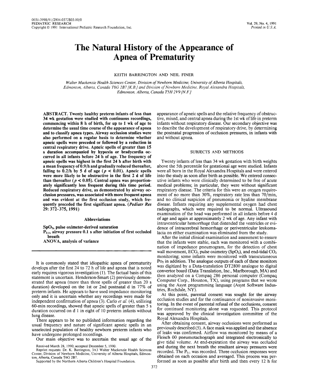 The Natural History of the Appearance of Apnea of Prematurity