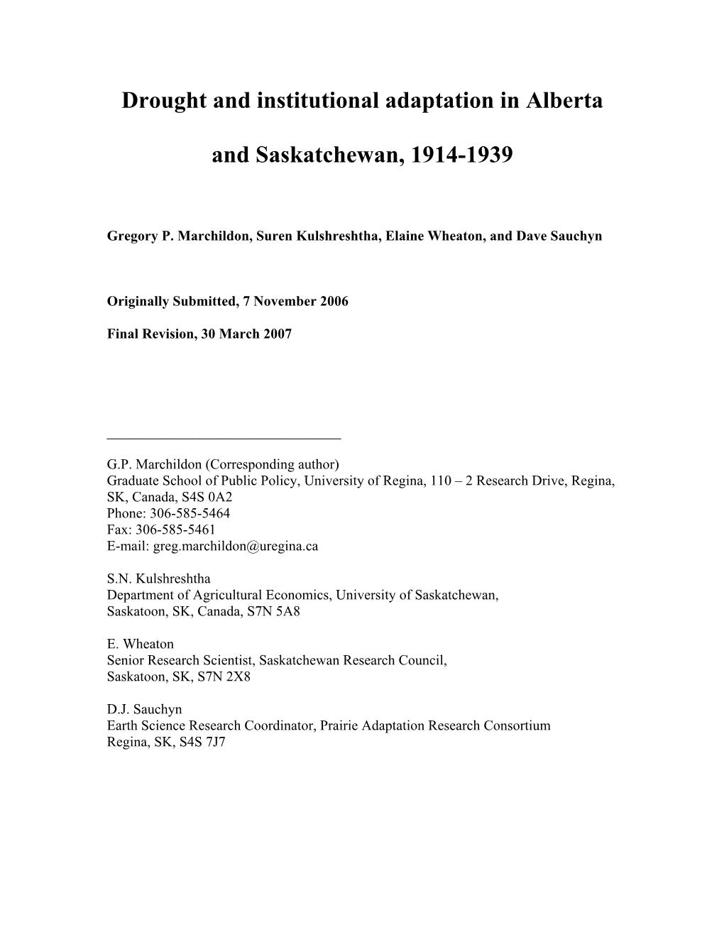 Drought and Institutional Adaptation in Alberta and Saskatchewan, 1914