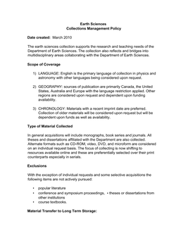 Earth Sciences Collections Management Policy Date Created