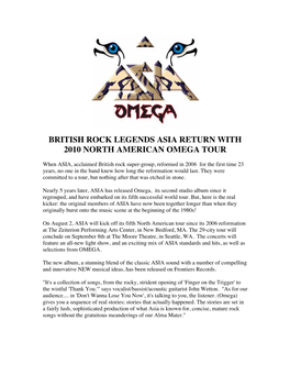 British Rock Legends Asia Return with 2010 North American Omega Tour