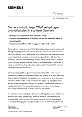 Siemens to Build Large CO2-Free Hydrogen Production Plant in Southern Germany