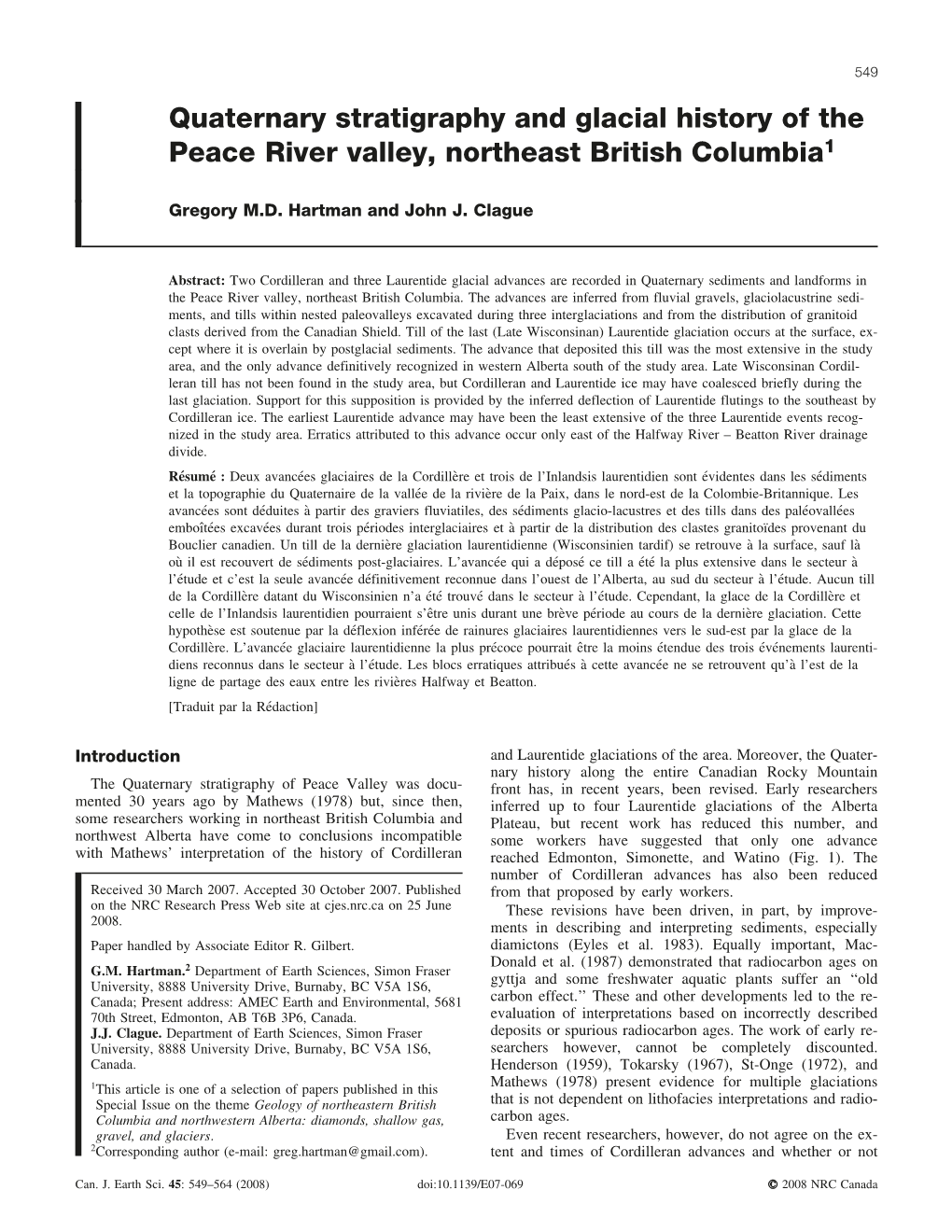 Quaternary Stratigraphy and Glacial History of the Peace River Valley, Northeast British Columbia1