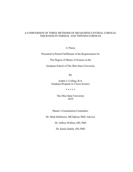 A Comparison of Three Methods of Measuring Central Corneal Thickness in Normal and Thinned Corneas