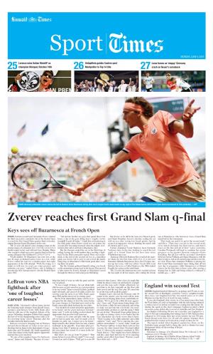 Zverev Reaches First Grand Slam Q-Final Keys Sees Off Buzarnescu at French Open