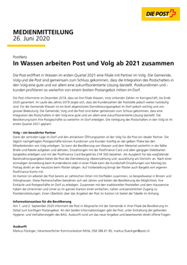 MEDIENMITTEILUNG 26. Juni 2020 in Wassen Arbeiten Post Und Volg Ab