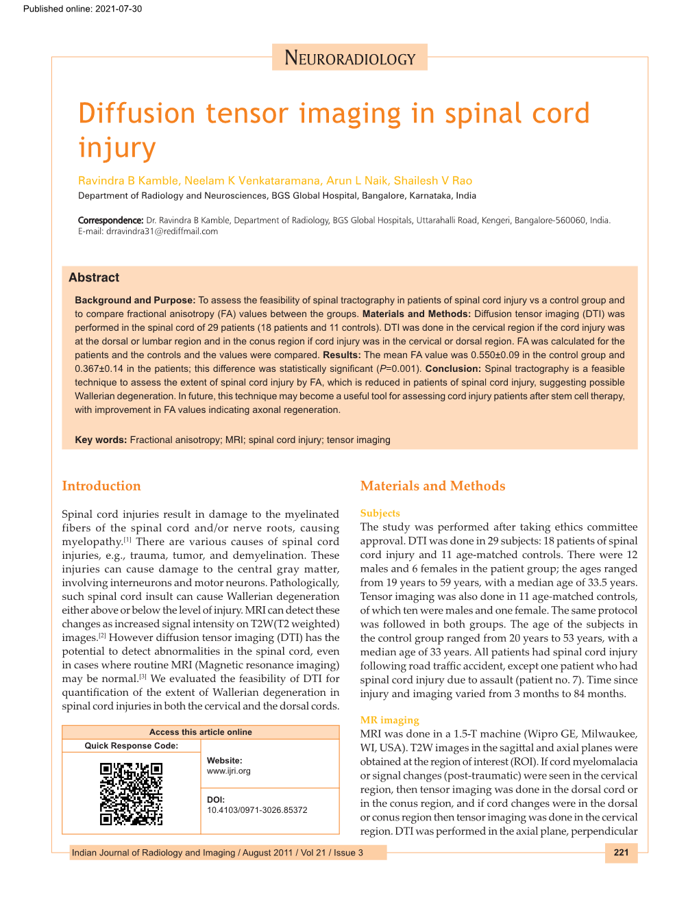 Diffusion Tensor Imaging in Spinal Cord Injury