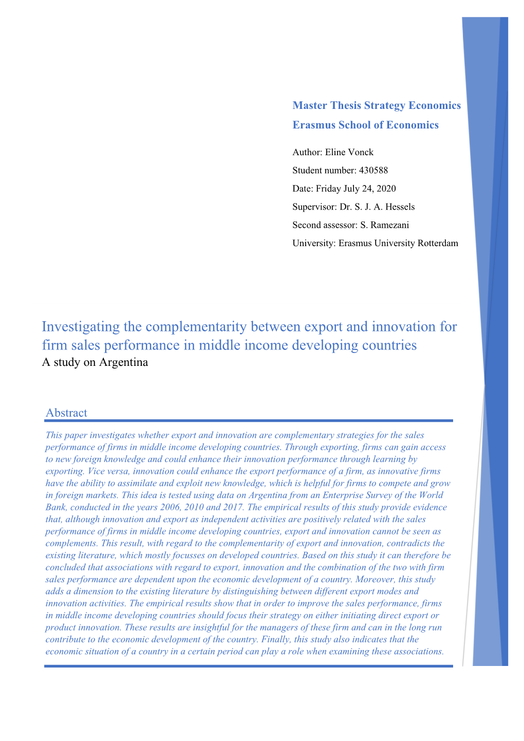 Investigating the Complementarity Between Export and Innovation for Firm Sales Performance in Middle Income Developing Countries a Study on Argentina