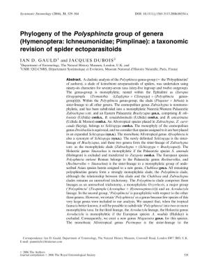 Phylogeny of the Polysphincta Group of Genera (Hymenoptera: Ichneumonidae; Pimplinae): a Taxonomic Revision of Spider Ectoparasitoids