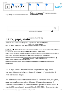 PIO V, Papa, Santo in "Dizionario Biografico"