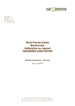 Nord Pas-De-Calais. Boulonnais. Addendum Au Rapport GEODERIS E2007/547DE