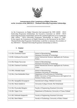 Announcement of the Commission on Higher Education on the Awardees of the 2008 DUO – Thailand Fellowship Programme Scholarships