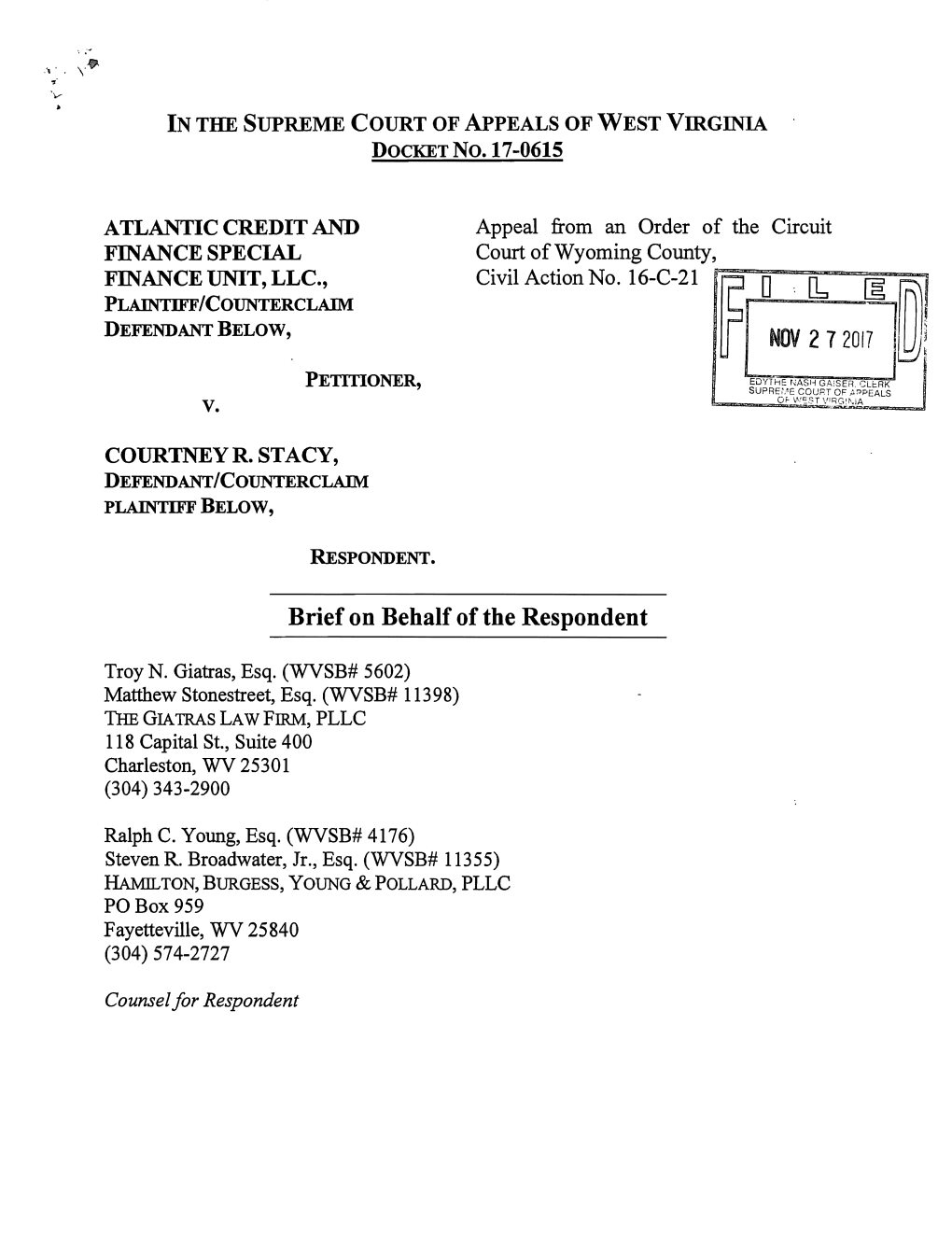 Respondent's Brief, Atlantic Credit & Finance V. Courtney Stacy, No. 17-0615