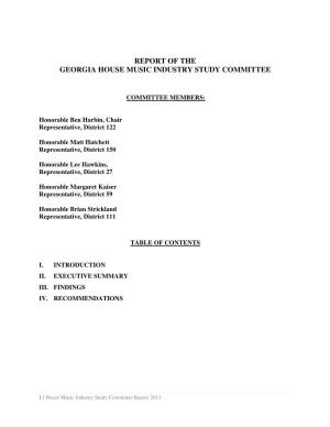 Report of the Georgia House Music Industry Study Committee