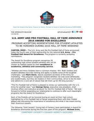 U.S. Army and Pro Football Hall of Fame Announce 2016