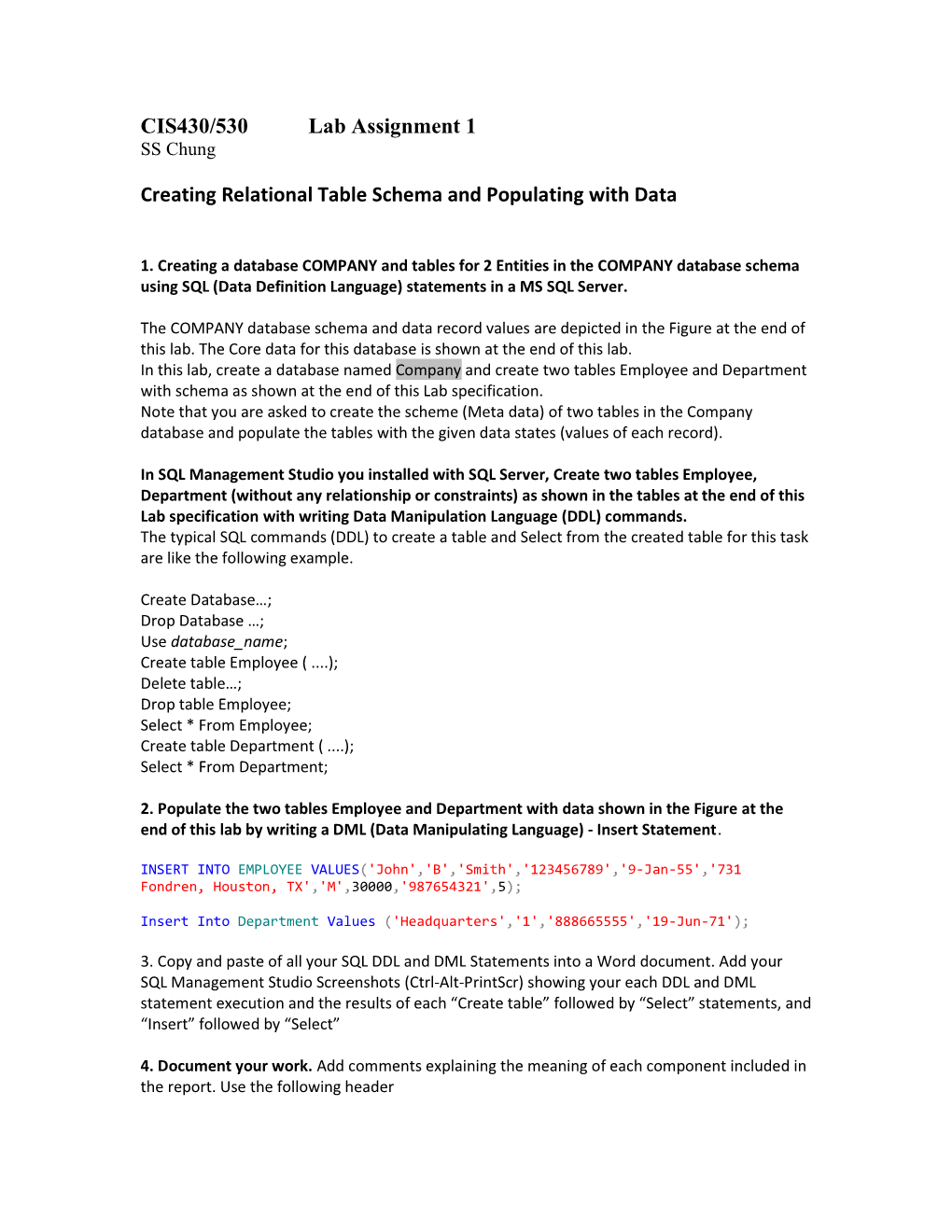 CIS430/530 Lab Assignment 1 Creating Relational Table Schema