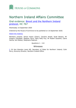 Northern Ireland Affairs Committee Oral Evidence: Brexit and the Northern Ireland Protocol, HC 767