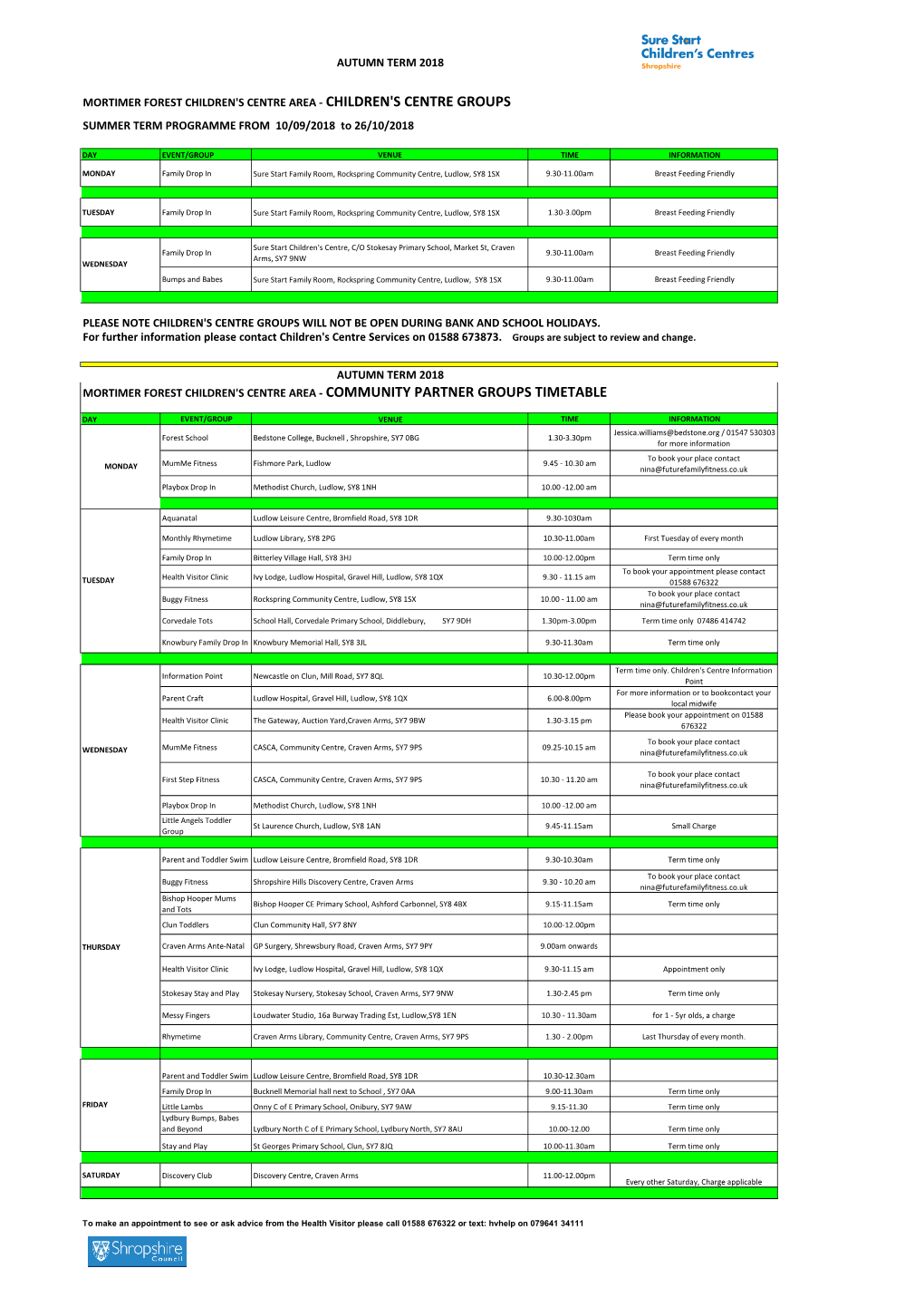 Autumn Term 2018 Mortimer Forest Children's Centre Area - Community Partner Groups Timetable