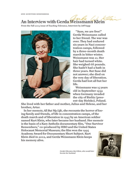 An Interview with Gerda Weissmann Klein from the Fall 2005 Issue of Teaching Tolerance, Interview by Jeff Sapp