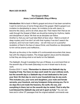 2020-06-14 Jesus, Lord of Sabbath, King of Mercy (Mark 2 23-3 6)