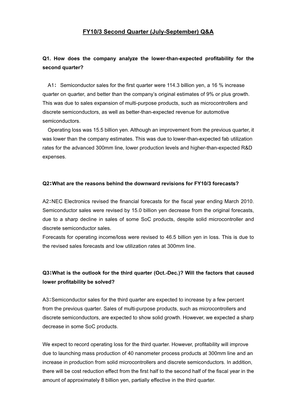 NEC Electronics Revised the Financial Forecasts for the Fiscal Year Ending March 2010