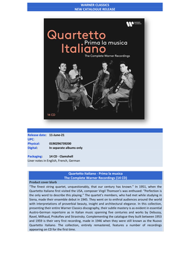 WARNER CLASSICS NEW CATALOGUE RELEASE Quartetto Italiano
