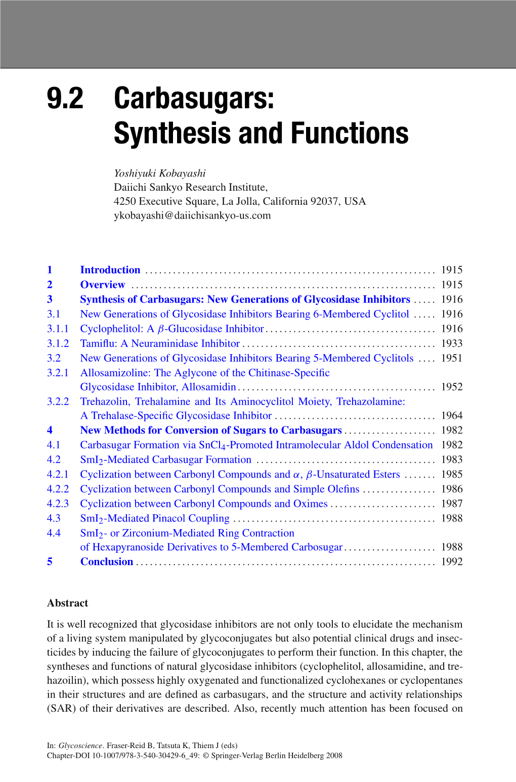 9.2 Carbasugars: Synthesis and Functions