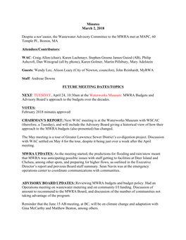 Minutes March 2, 2018 Despite a Nor'easter, the Wastewater Advisory Committee to the MWRA Met at MAPC, 60 Temple Pl., Boston