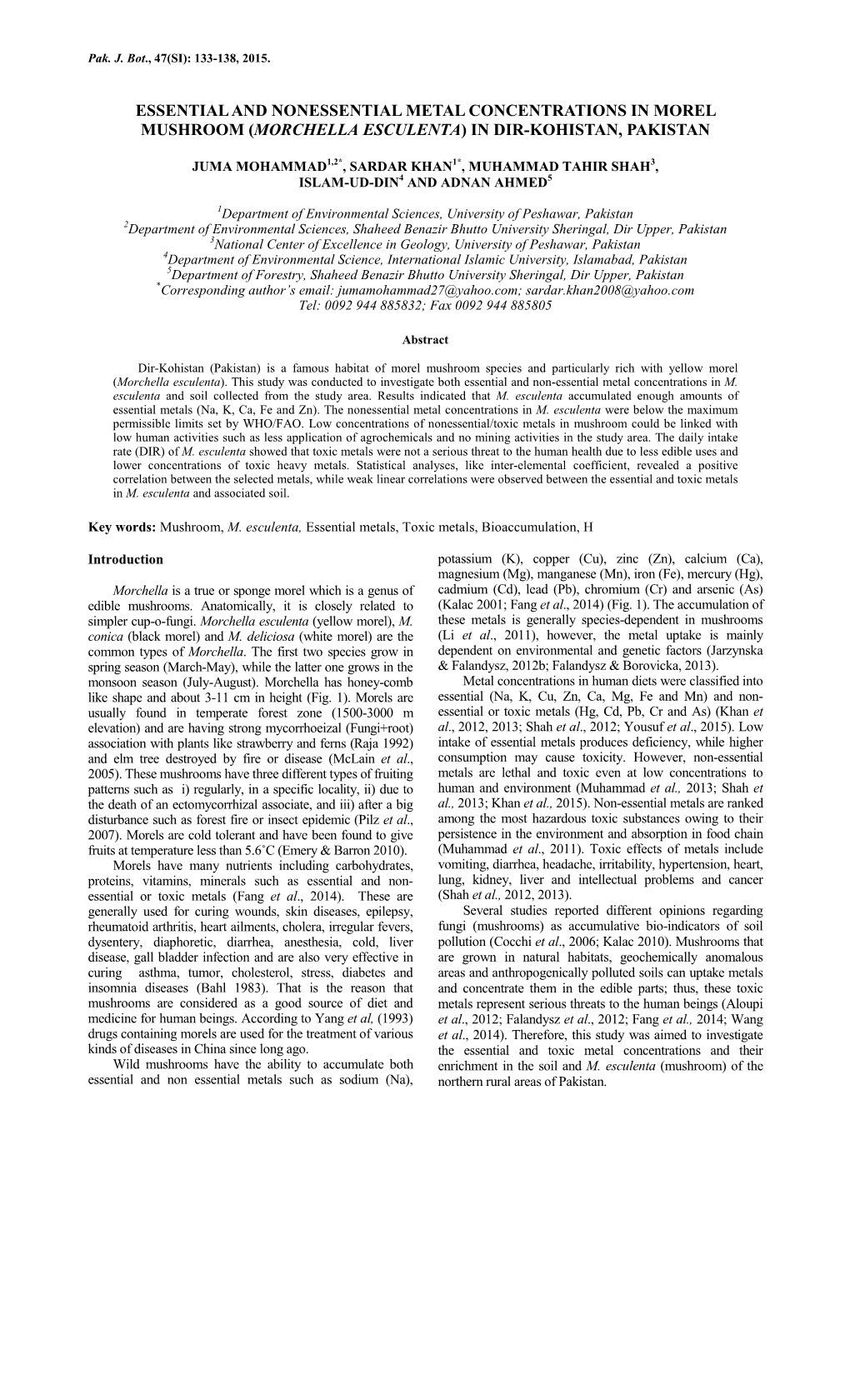 Essential and Nonessential Metal Concentrations in Morel Mushroom (Morchella Esculenta) in Dir-Kohistan, Pakistan