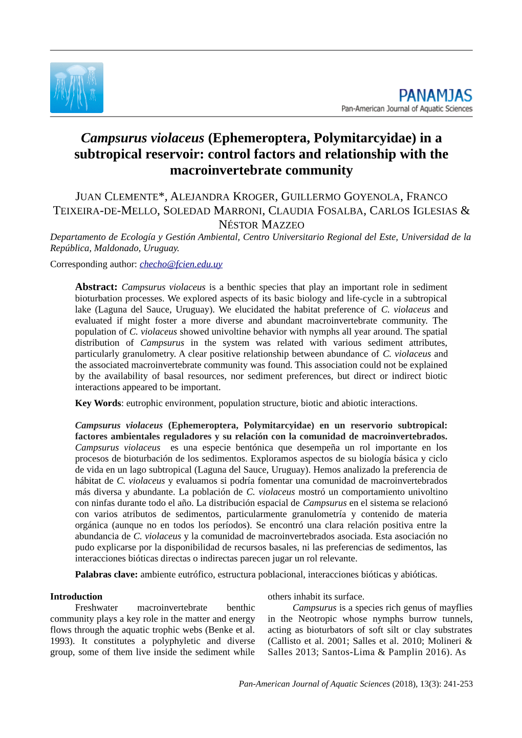 Campsurus Violaceus (Ephemeroptera, Polymitarcyidae) in a Subtropical Reservoir: Control Factors and Relationship with the Macroinvertebrate Community