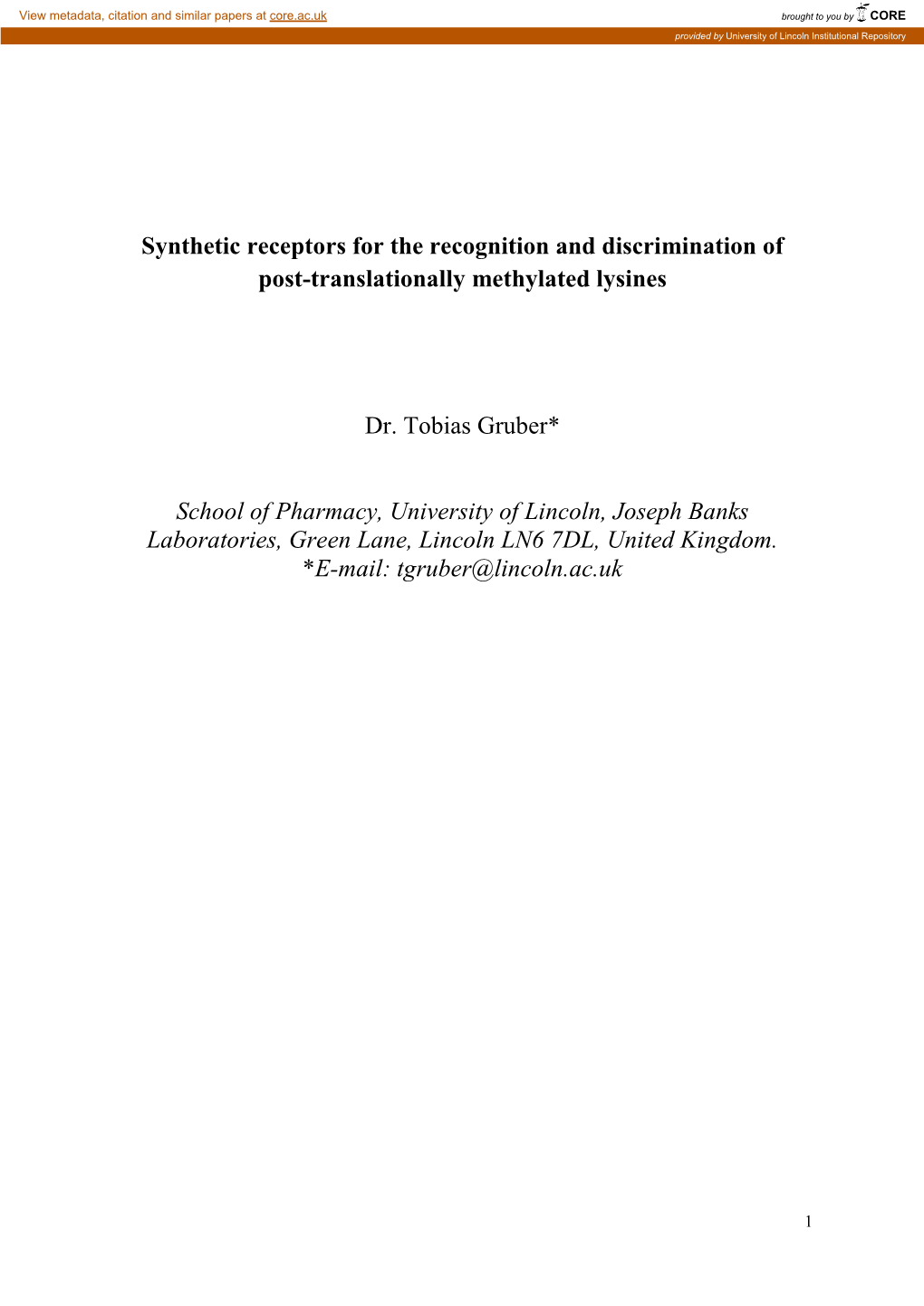 Synthetic Receptors for the Recognition and Discrimination of Post-Translationally Methylated Lysines