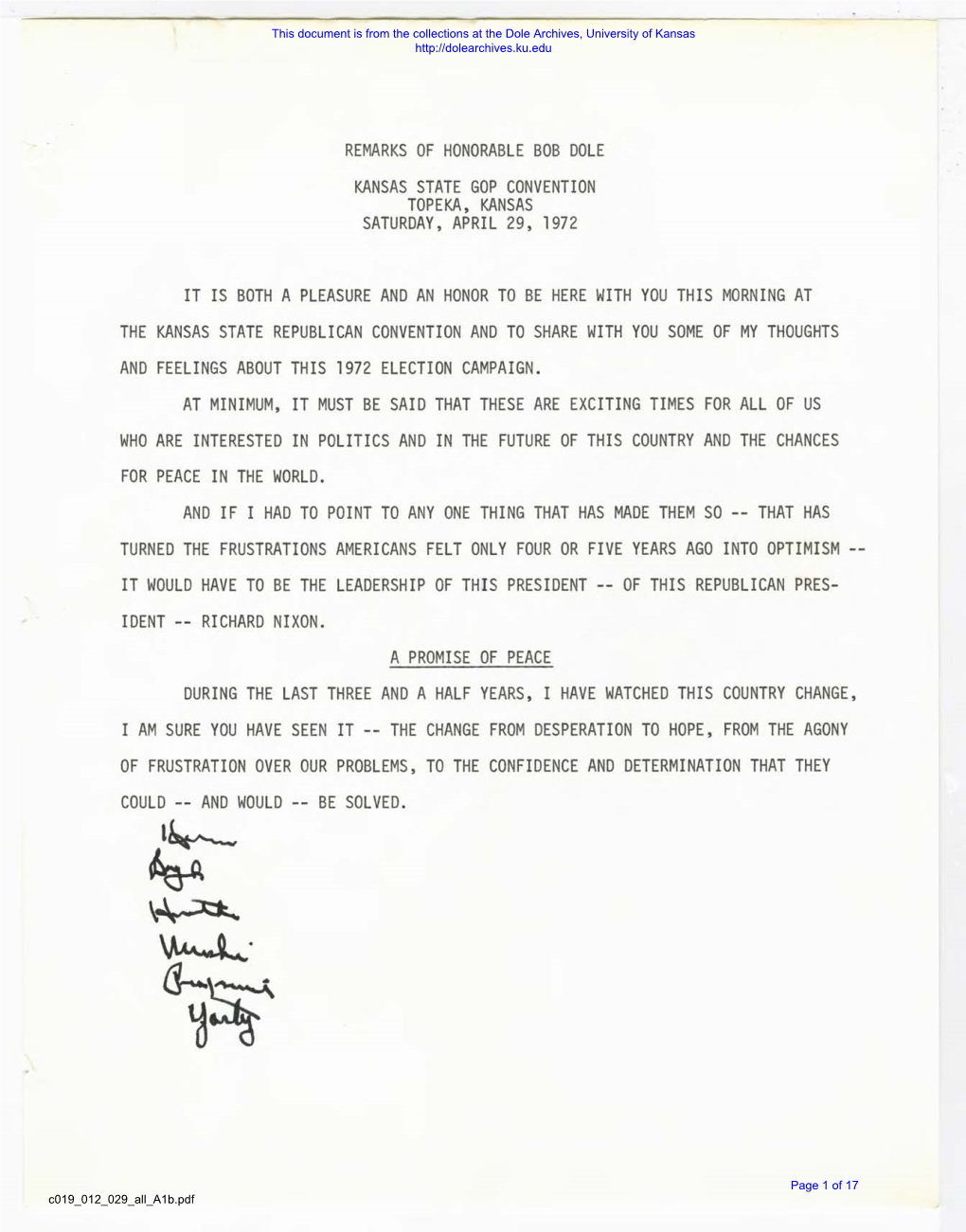 Remarks of Honorable Bob Dole Kansas State Gop Convention Topeka, Kansas Saturday, April 29, 1972
