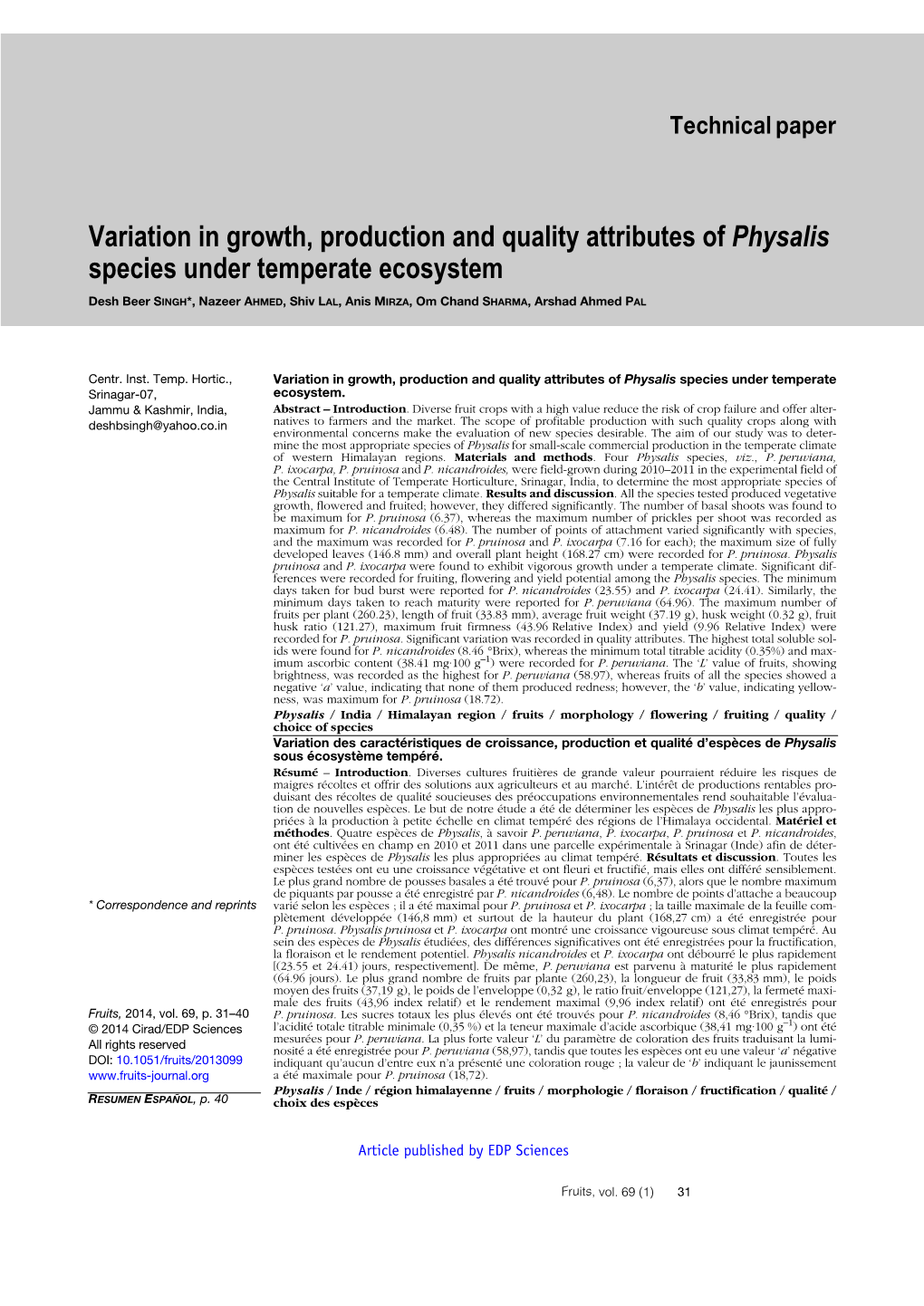 Variation in Growth, Production and Quality Attributes of Physalis Species Under Temperate Ecosystem