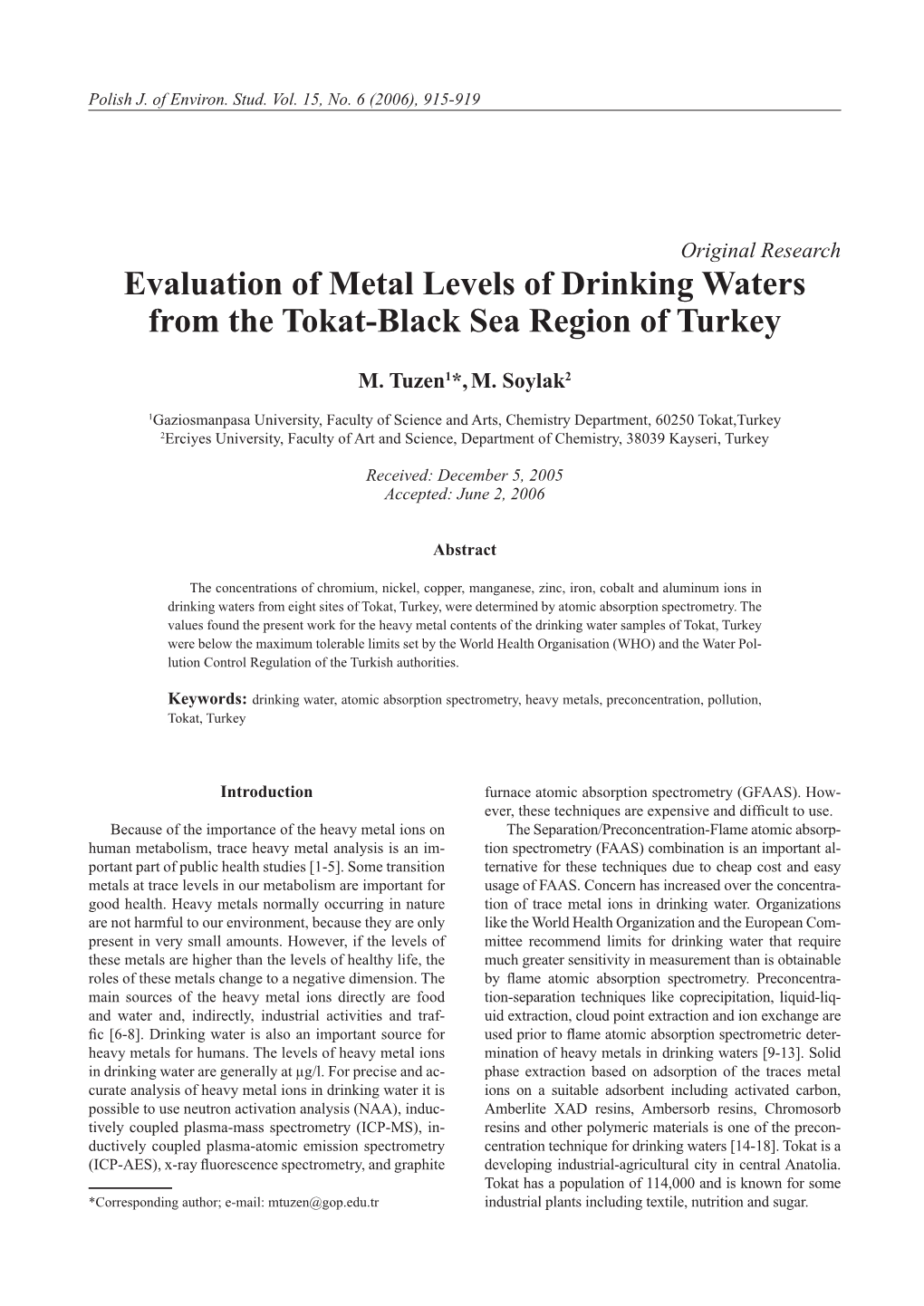 Evaluation of Metal Levels of Drinking Waters from the Tokat-Black Sea Region of Turkey