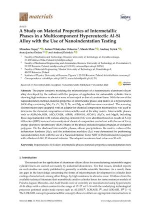 A Study on Material Properties of Intermetallic Phases in a Multicomponent Hypereutectic Al-Si Alloy with the Use of Nanoindentation Testing