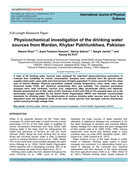 Physicochemical Investigation of the Drinking Water Sources from Mardan, Khyber Pakhtunkhwa, Pakistan
