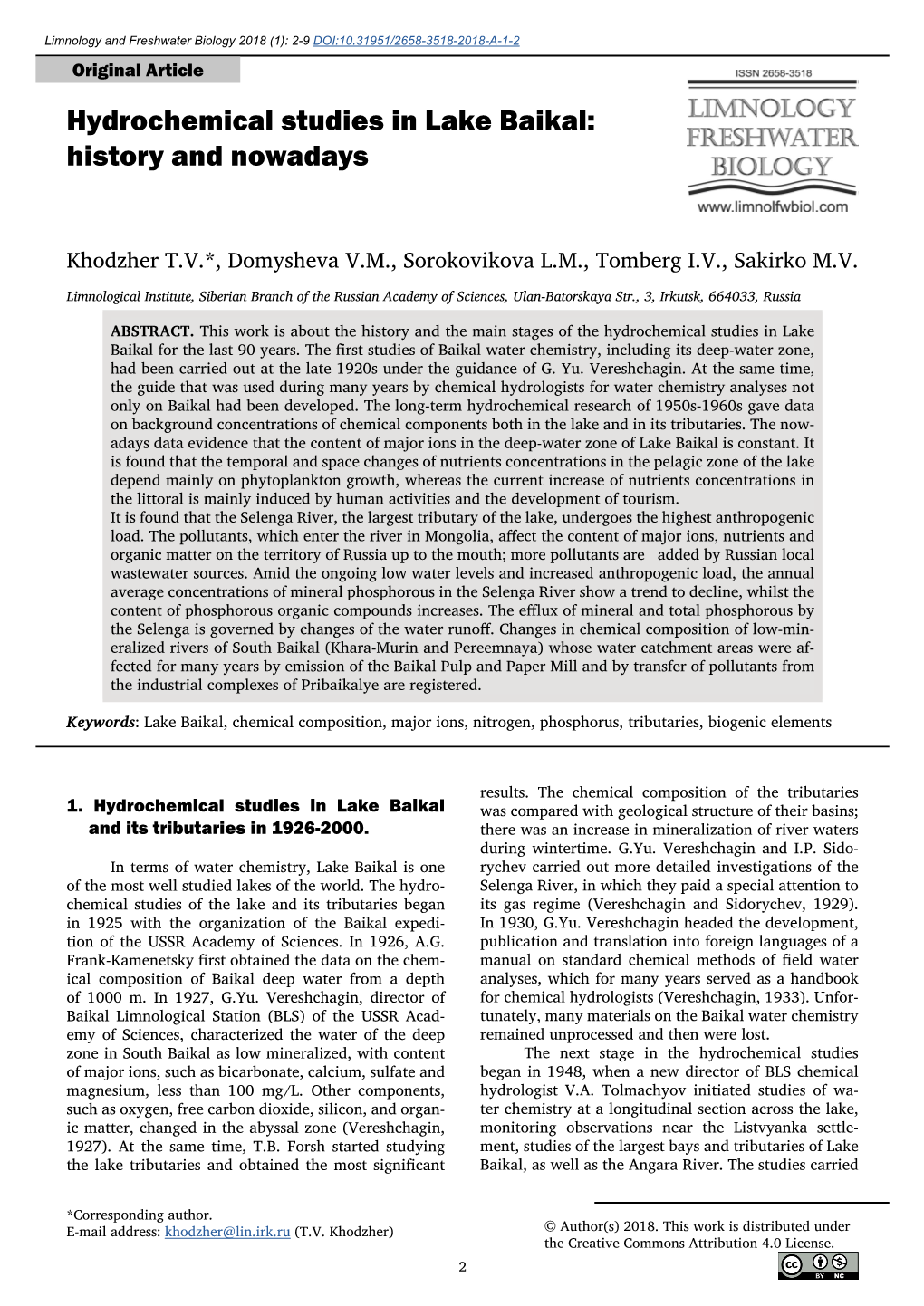 Hydrochemical Studies in Lake Baikal: History and Nowadays