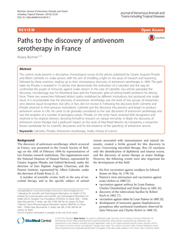 Paths to the Discovery of Antivenom Serotherapy in France Rosany Bochner1,2,3