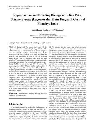 Reproduction and Breeding Biology of Indian Pika; Ochotona Roylei (Lagomorpha) from Tungnath Garhwal Himalaya India