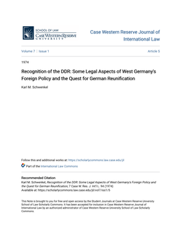 Recognition of the DDR: Some Legal Aspects of West Germany's Foreign Policy and the Quest for German Reunification