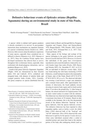 Defensive Behaviour Events of Ophiodes Striatus (Reptilia: Squamata) During an Environmental Study in State of São Paulo, Brazil