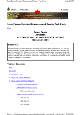 Issue Paper ALGERIA POLITICAL and HUMAN RIGHTS UPDATE November 1996