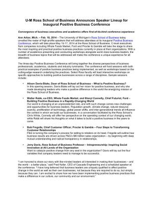 U-M Ross School of Business Announces Speaker Lineup for Inaugural Positive Business Conference