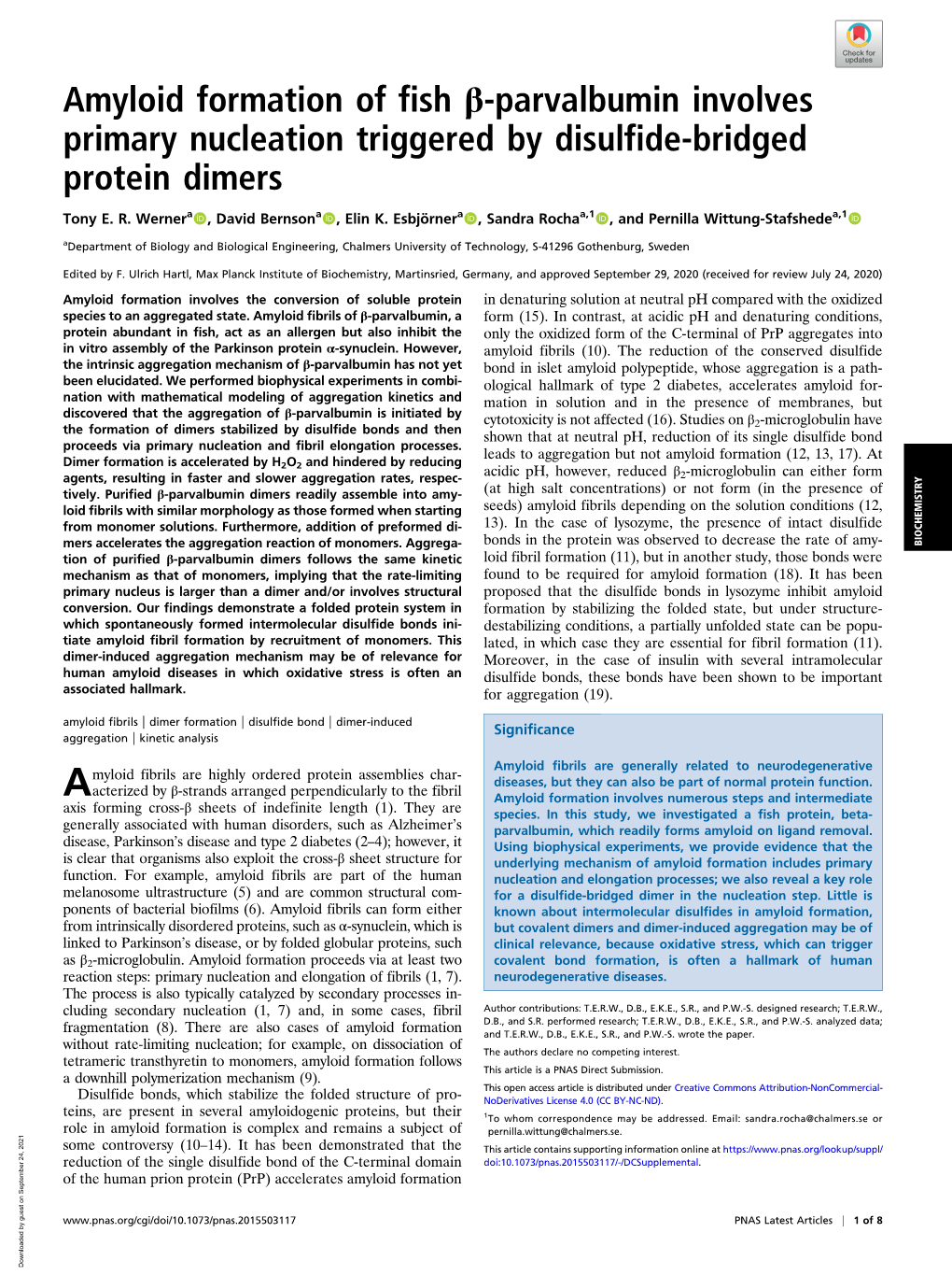 Amyloid Formation of Fish Β-Parvalbumin Involves Primary Nucleation Triggered by Disulfide-Bridged Protein Dimers