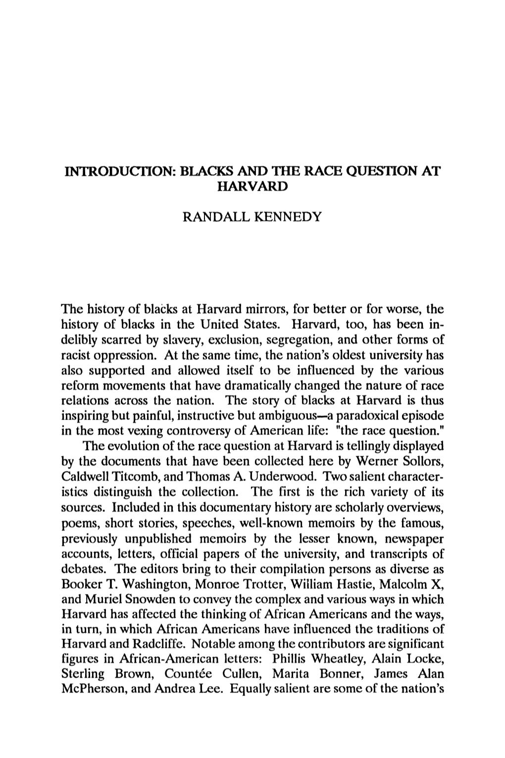 Blacks and the Race Question at Harvard Randall