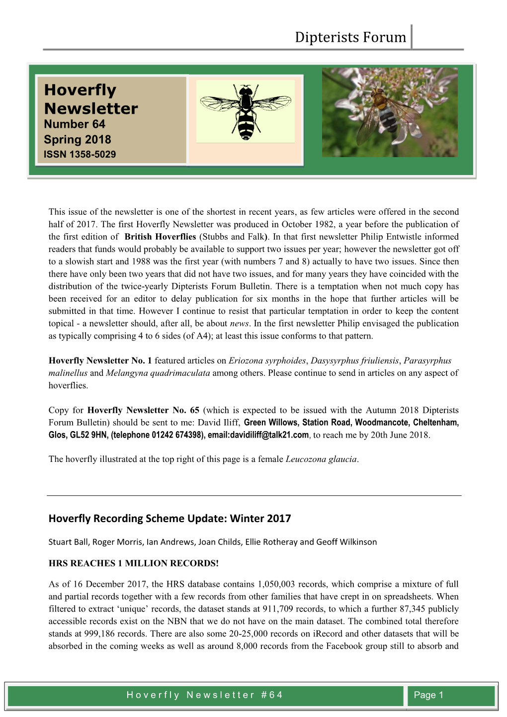 Hoverfly Newsletter Was Produced in October 1982, a Year Before the Publication of the First Edition of British Hoverflies (Stubbs and Falk)
