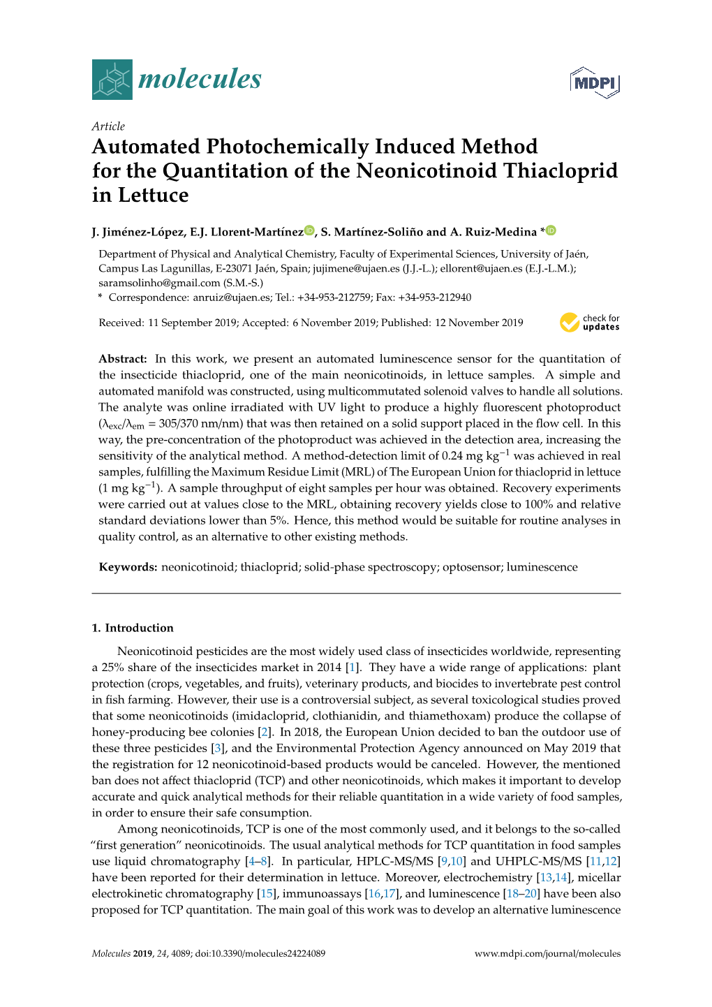 Automated Photochemically Induced Method for the Quantitation of the Neonicotinoid Thiacloprid in Lettuce