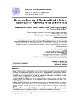 Mushroom Diversity of Dhenkanal District, Odisha, India: Source of Alternative Foods and Medicines