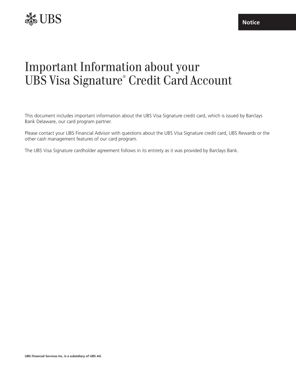 Important Information About Your UBS Visa Signature® Credit Card Account